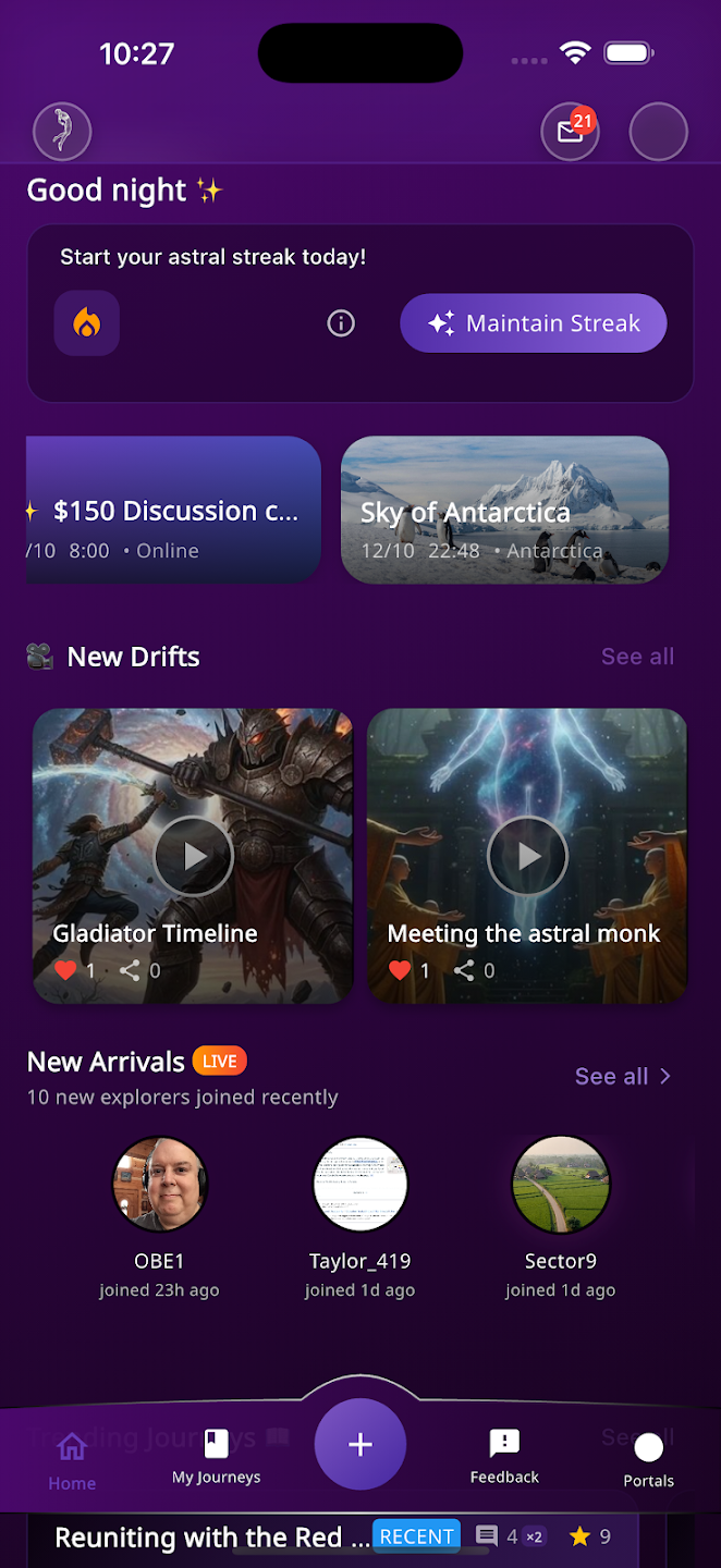 ASTRAL mobile app Home screen with Cosmic Streak and New Drifts