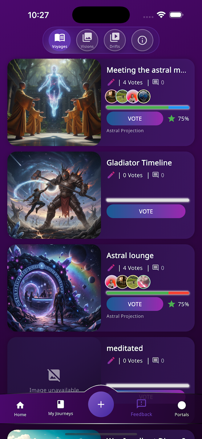 ASTRAL mobile app showing Voyages, Visions, Drifts, and community voting